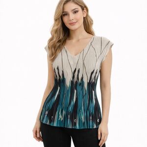 Dressbarn Pleated Teal Black Abstract V-Neck Blouse Size XL